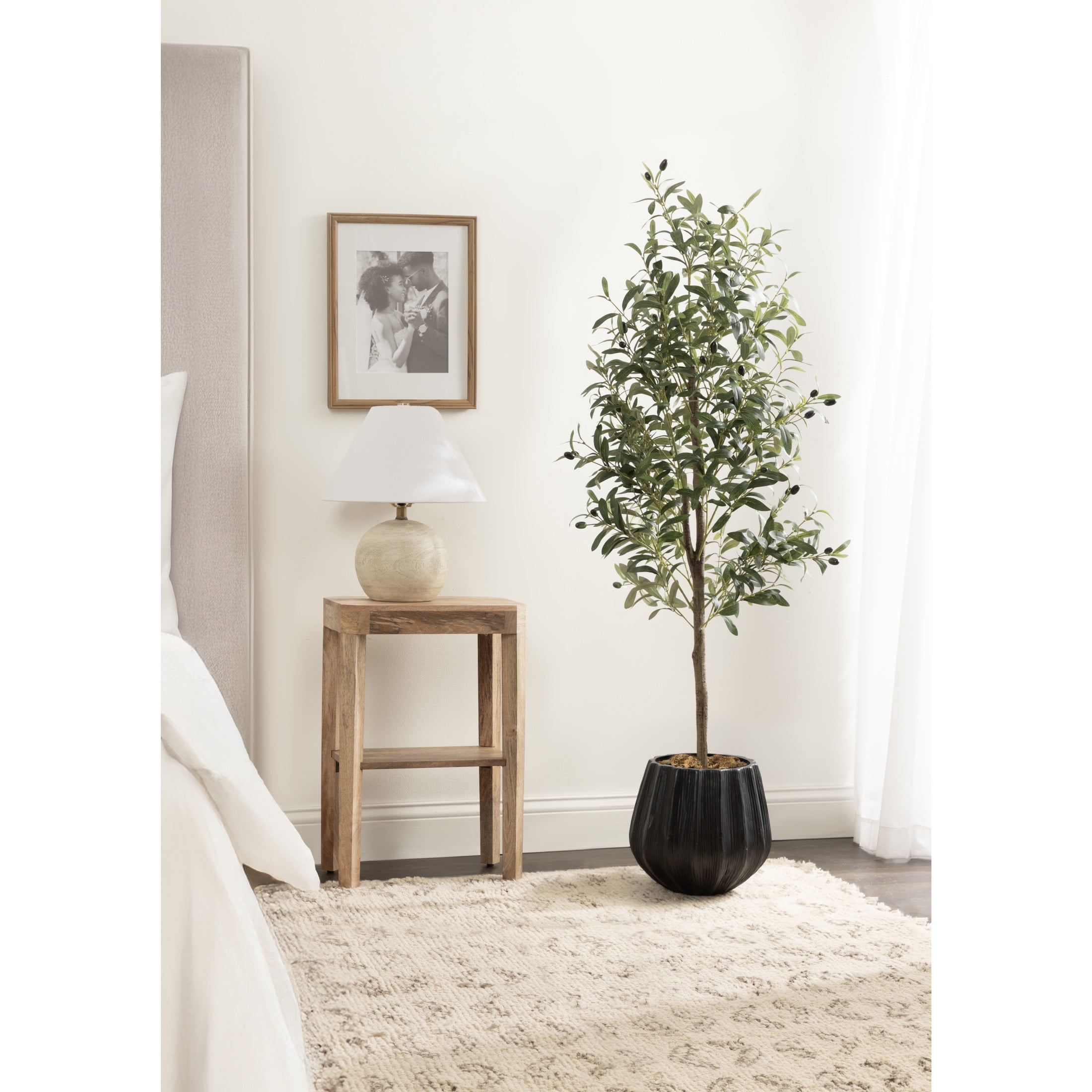 Kate and Laurel Oliveira Faux Olive Tree with Claudel Scalloped Planter Pot, 5 FT, Black, Potted Artificial Olive Plant Tree with Realistic Foliage and Added Moss, Fake Plant for Living Room Decor