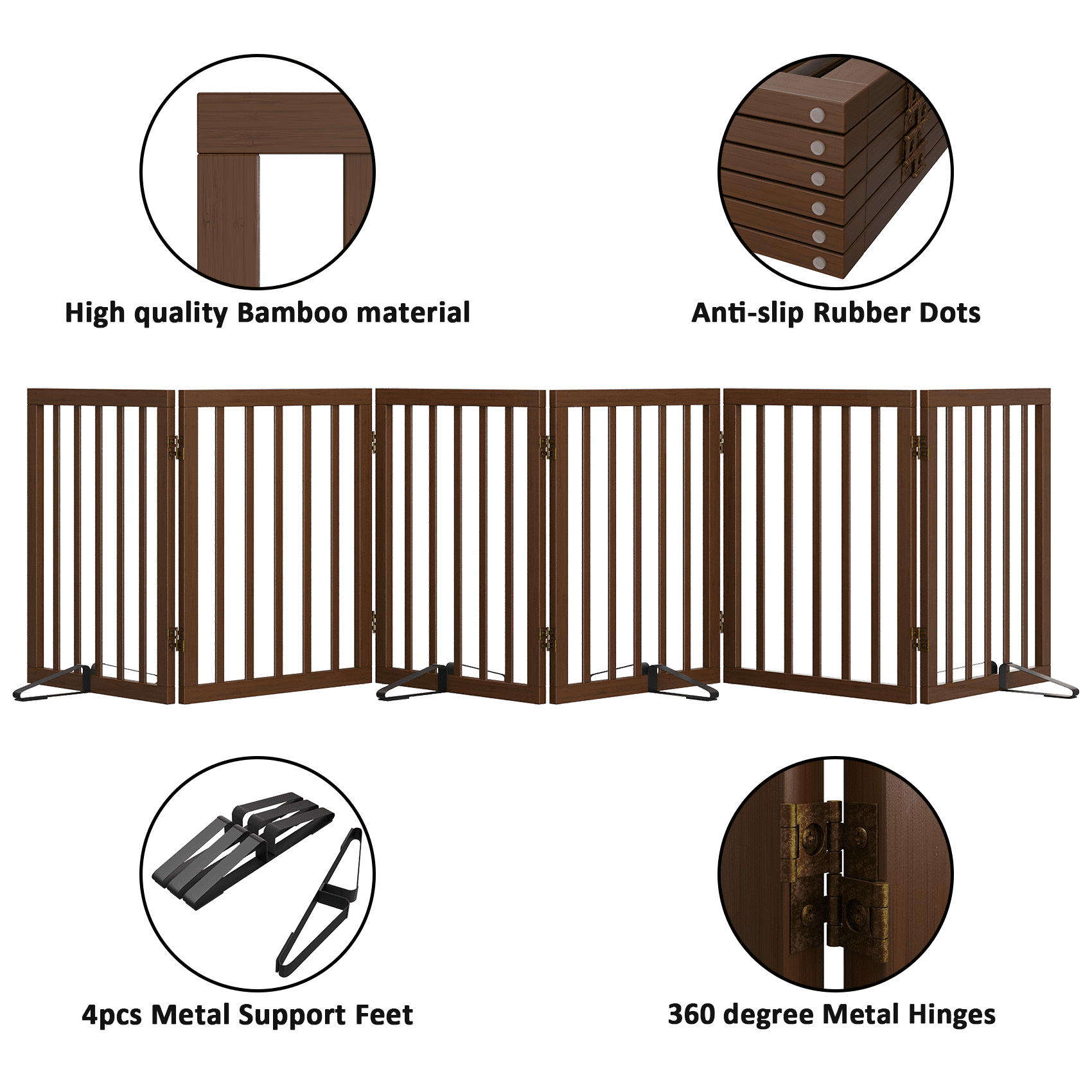 Smart FENDEE Bamboo Dog Gate Freestanding 6 Panel Pet Gate for Doorways, 4 Support Feet, Espresso