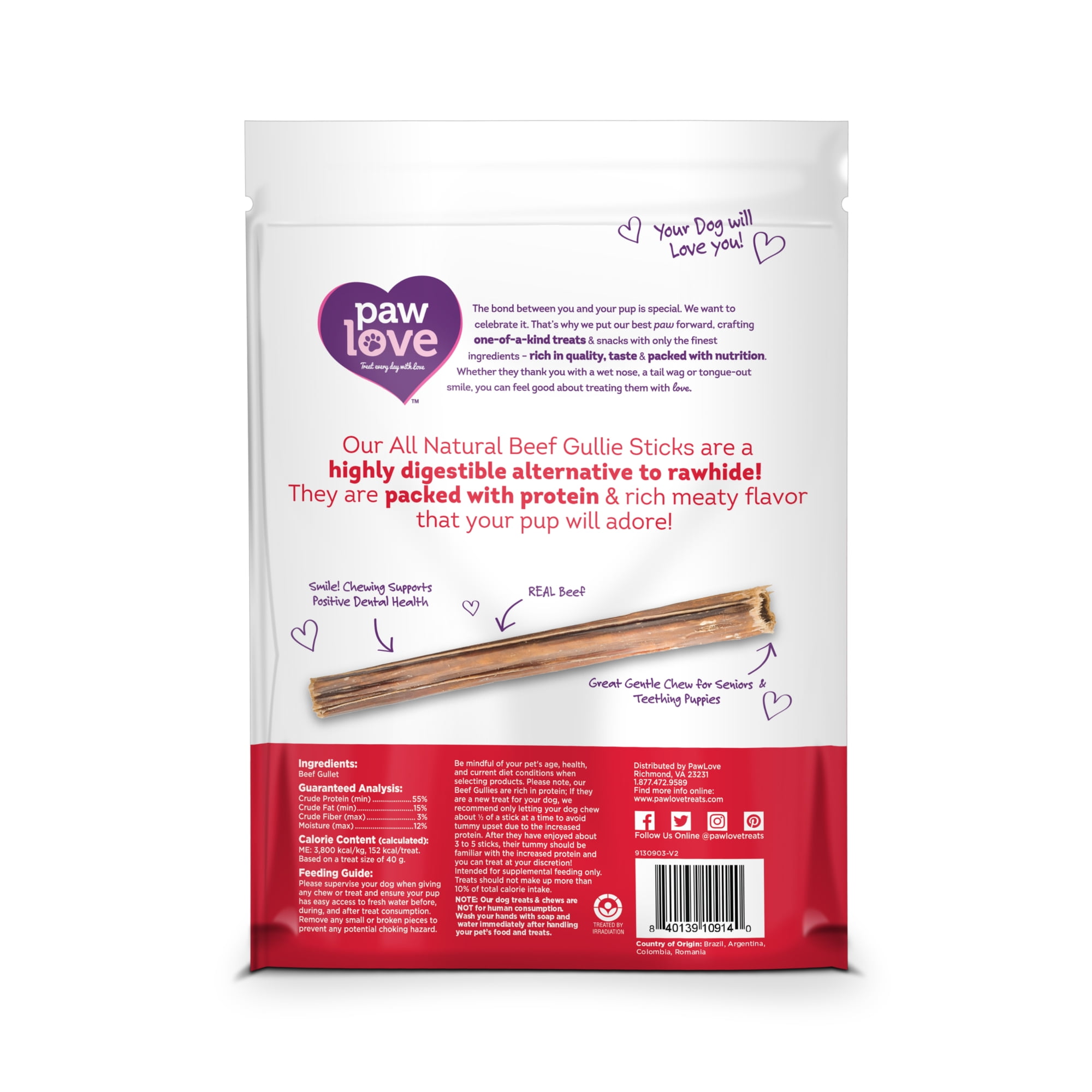 Paw Love All Natural Beef Gullet Dog Chew Treats, Single Ingredient, 6" Chew, 12pk