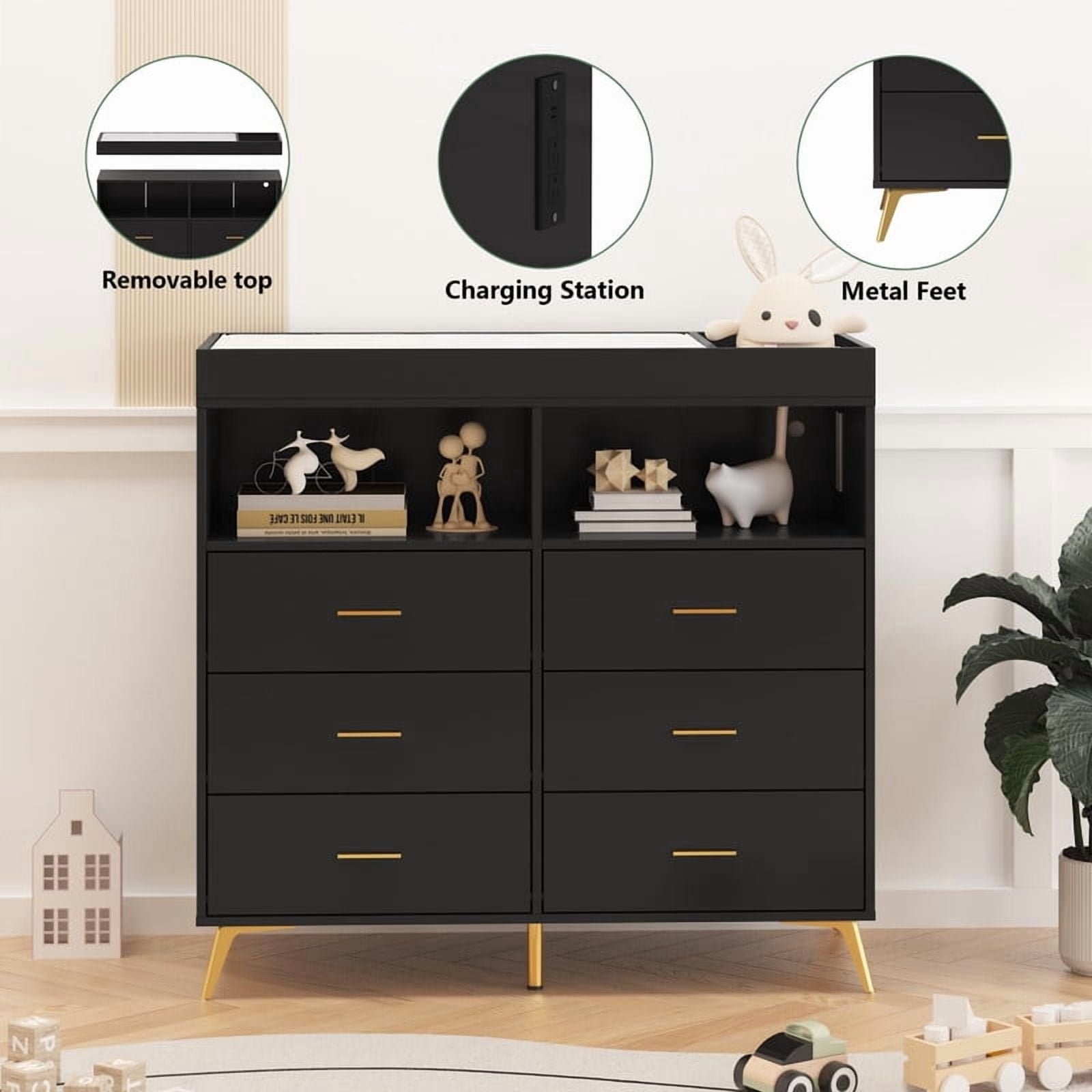 TROPOW Baby Changing Table with LED Lights & Power Outlet, 6-Drawer Nursery Dresser with 2 Open Shelves, Multi-Functional Diaper Changing Station & Storage Organizer for Baby Nursery