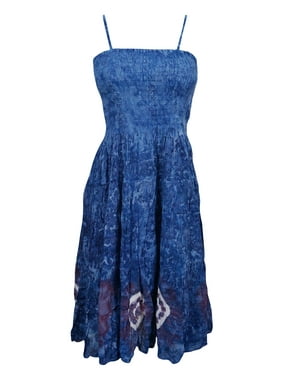 Mogul Womens Beach Dress Strappy Blue Printed Smocked Bodice Summer Fashion Dresses