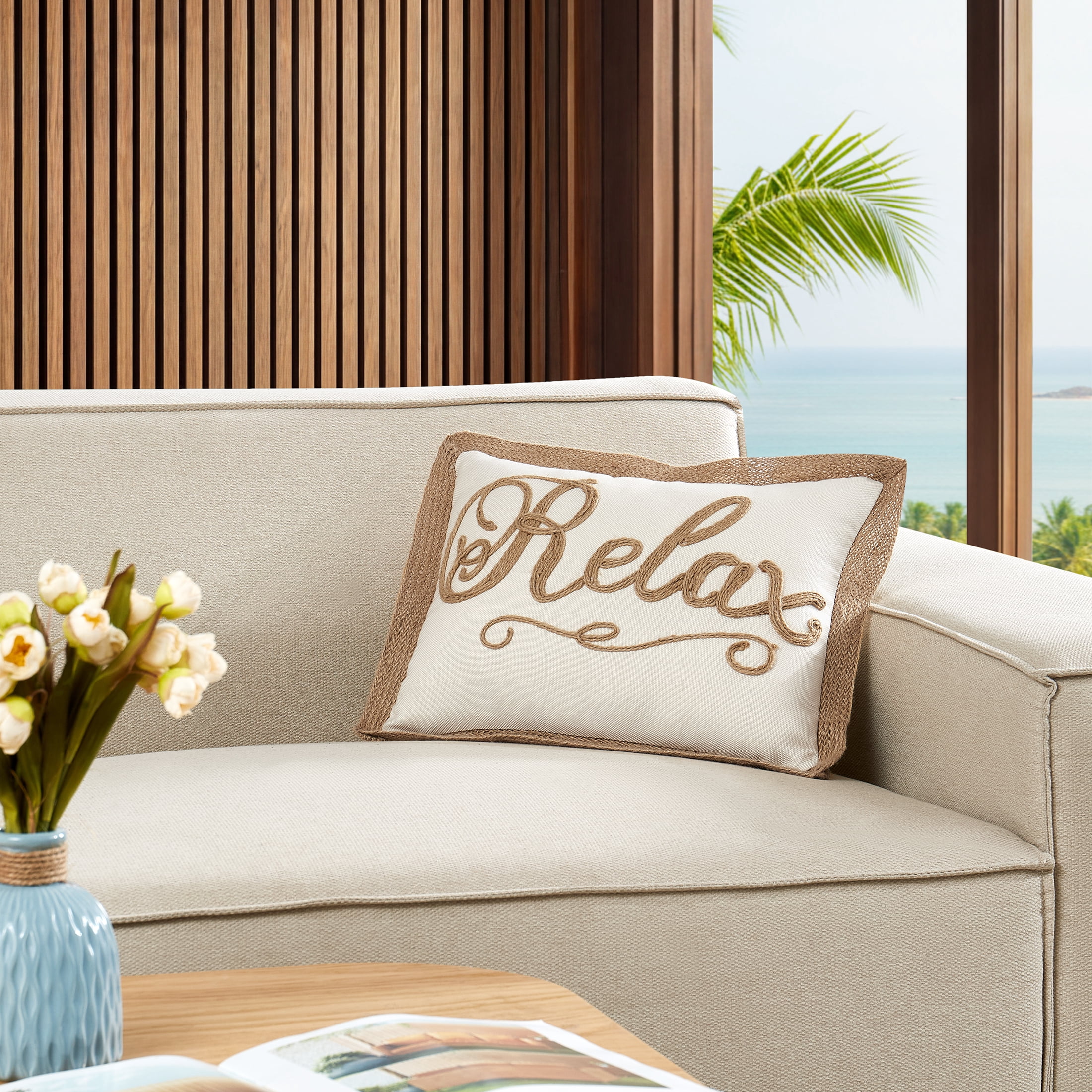 Coastal Living 12" x 16" Tan Burlap Relax 100% Polyester Decorative Throw Pillow for Couch or Bed
