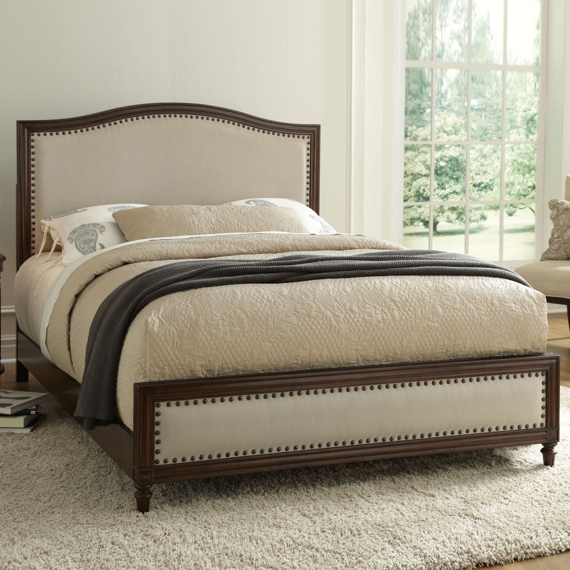 Grandover Complete Wood Bed And Bedding Support System With Cream Grandover Complete Wood Bed And Bedding Support System With Cream Upholstery Antique Brass Colored Nailhead Trim Espresso Finish Queen Com