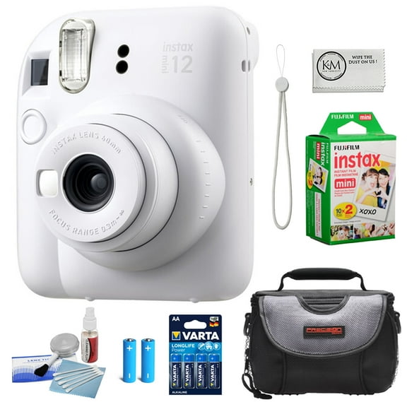 FUJIFILM INSTAX MINI 12 Instant Film Camera | Clay White Bundled with INSTAX Mini Instant Film | 20 Exposures  Camera Case   Batteries | 4 Pack   Lens Cleaning Kit   Cleaning Cloth (6 Items)