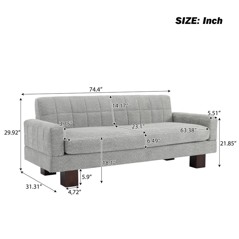Upholstered 2-3 Seater Loveseat, Boucle Fabric Biscuit Backrest Sofa with Square Arms, Modern Couch with Solid Wood Legs