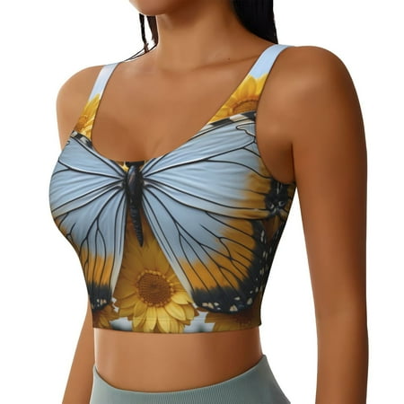 JUNZAN Vibrant Butterfly And Sunflowers Print Women s Workout Tank Tops - U Back Fitness Top with Built-In Shelf Bra  Perfect for Yoga and Gym-Medium