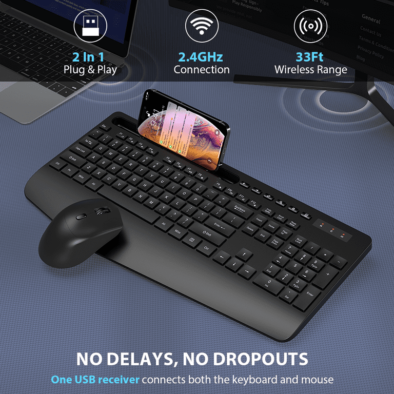 RECCAZR Wireless Keyboard & Mouse Combo With Wrist Rest - 2.4G Full-Sized Cordless Set For PC/Mac