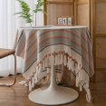 thumbnail image 1 of Nappe à Rayures Boho avec Pompons Faits à la Main Lavable Anti-Poussière pour Tables Rondes (Rayures, 51"x71 Pouces), 1 of 5