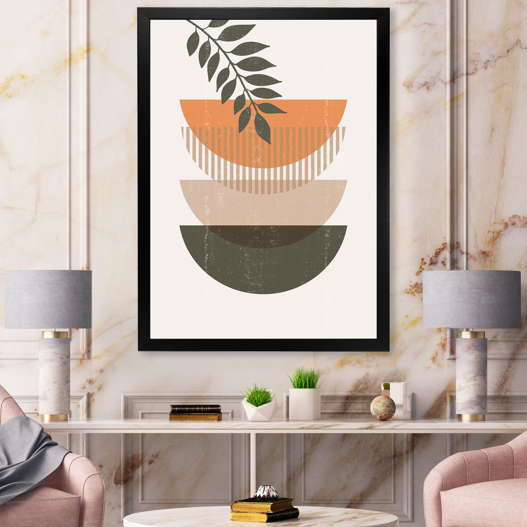 Designart 'Abstract Geometrical Moon and Sun With Leaf II' Modern Framed Art Print