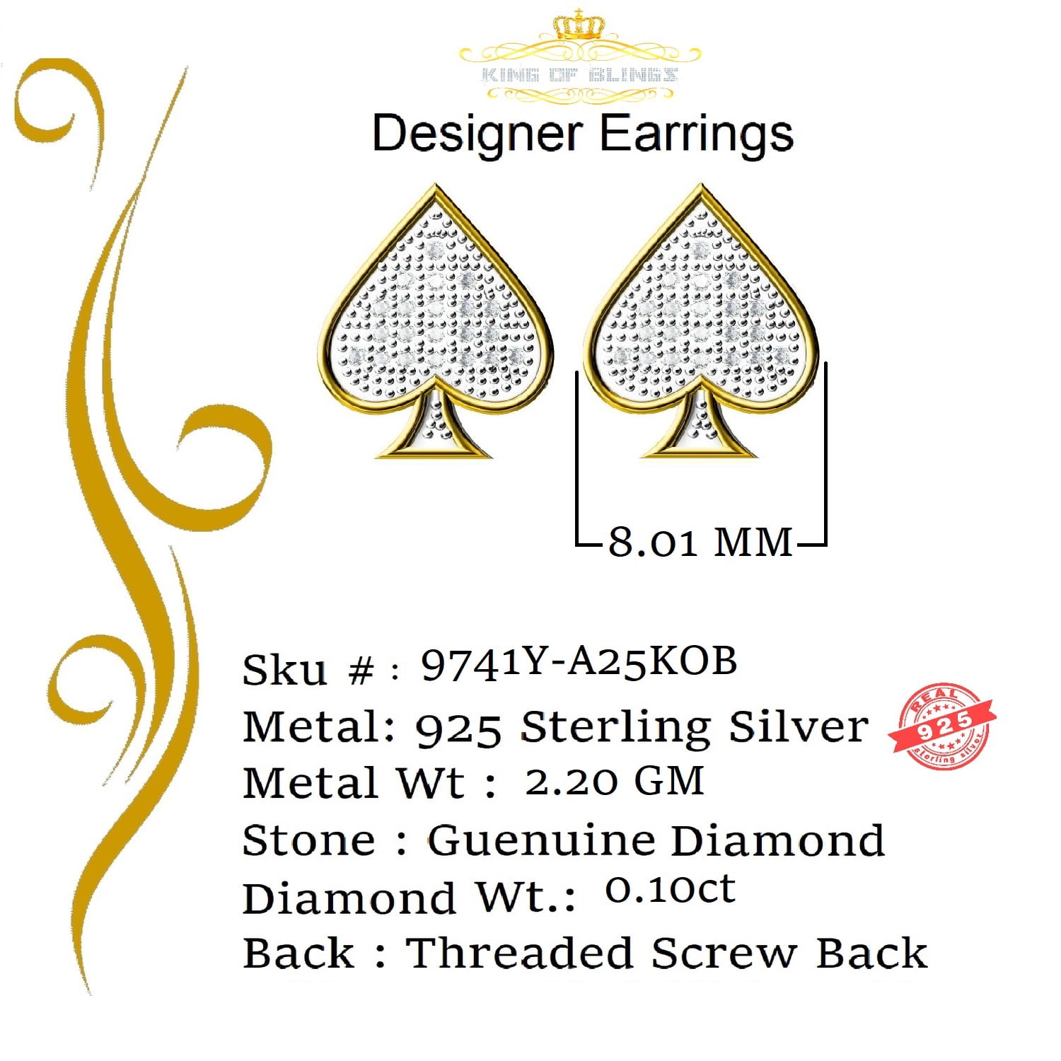 King of Bling's 925 Sterling Silver Yellow 0.10ct Diamond For Women's / Men's Stud Heart Earring