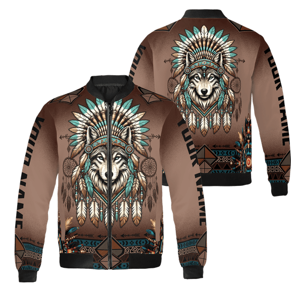 Lotusprinthandmade Personalized Wolf Native America All-over Print Bomber Jacket S-5XL Multicolor (S), wolf design bomber coat