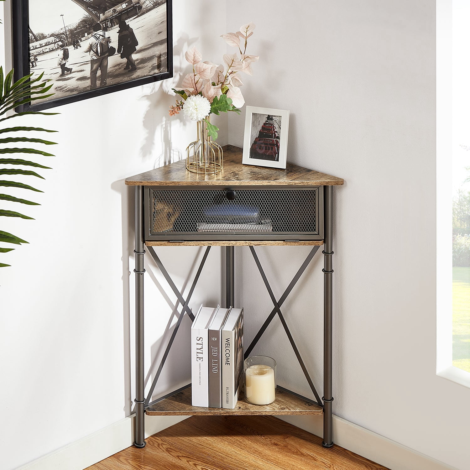 VECELO Corner Storage Cabinet with Flip Drawer and Shelf, Triangle X-Shaped Freestanding Floor Cabinet, Gray