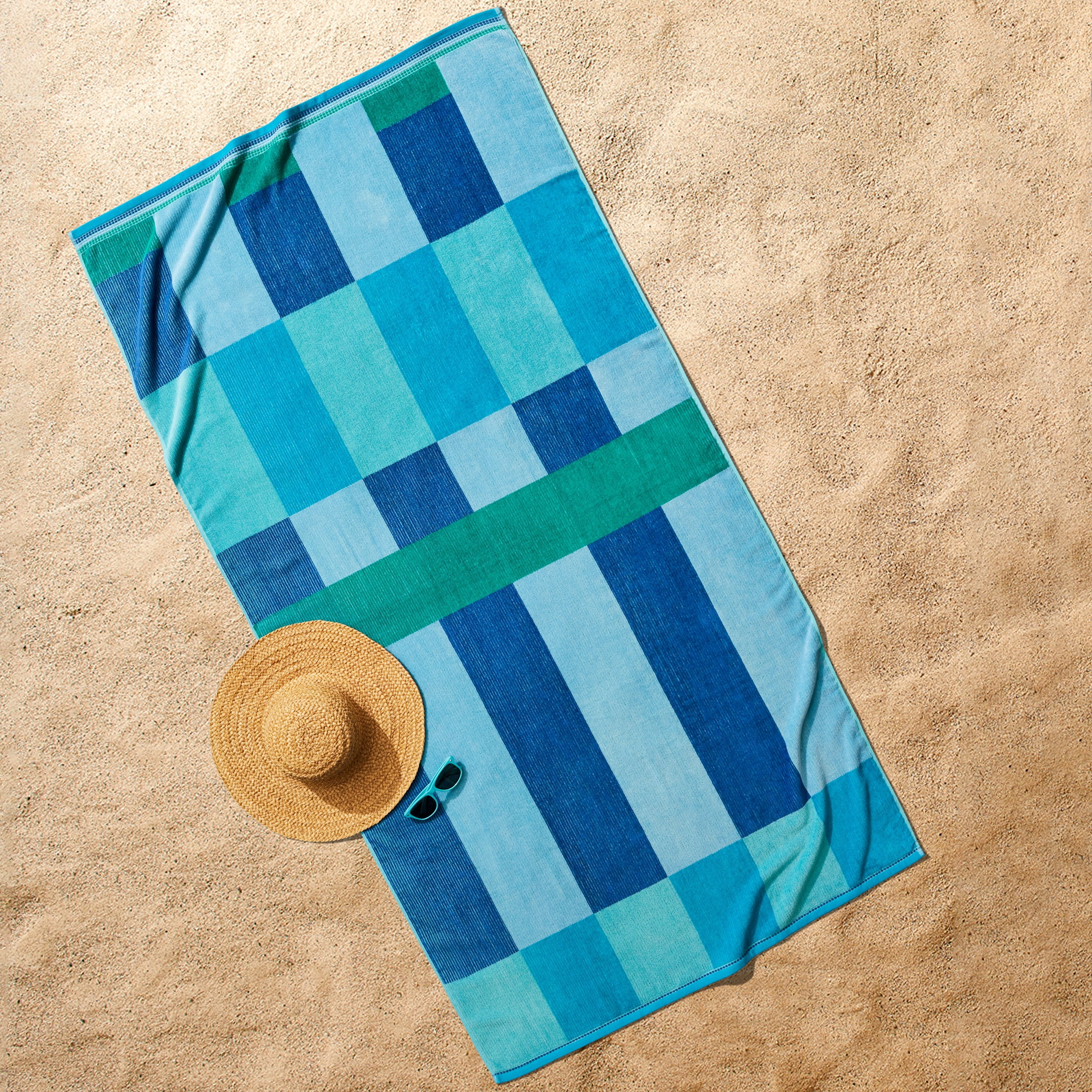 Better Homes & Gardens Coastal Macro Striped Blue & Green Cotton-Blend Beach Towel