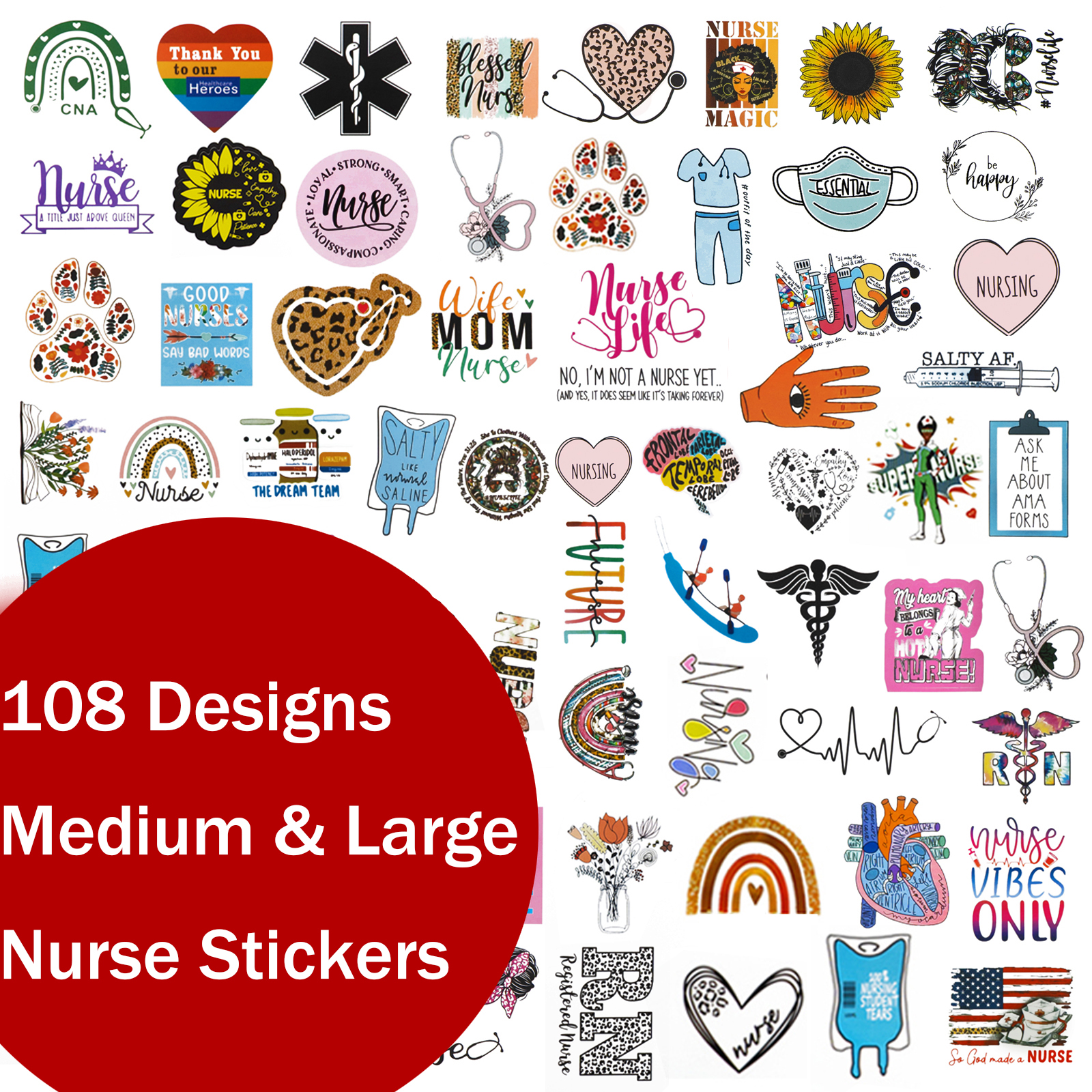 108 Designs Nurse Stickers for Water Bottles and Laptop, Nursing Stickers  for Nurse Students, Nurses, and Healthcare Workers, Waterproof, Reusable,  No