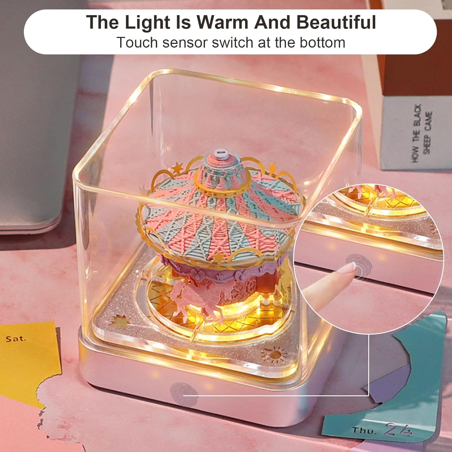 2026 Desk Calendar Carousel with Light, 3D Memo Pad Non-stick Post-it Notes School Office Home Stress Relief Calendar Best Gifts(Carousel)