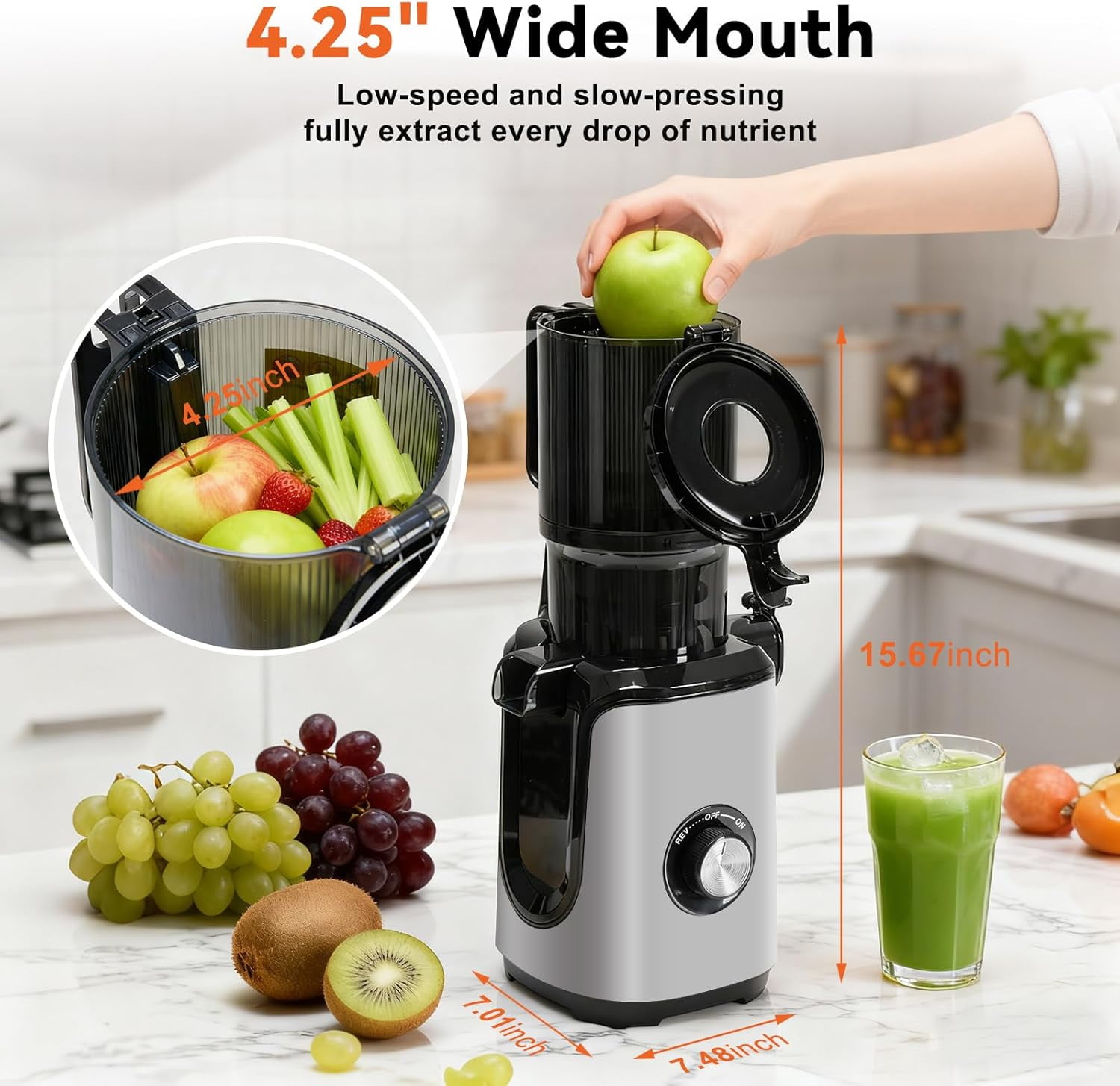 Slow Masticating Juicer Machines, Cold Press Juicer with Safety Lock & Reverse Function, 4.25 Feed Chute for Whole Fruits Vegetables, High  Yield, Silver