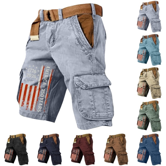 Men's Vintage Distressed Cargo Shorts with Ripped American Flag Print and Multi-Pockets Featuring Relaxed Fit Design for Summer Beach Fishing Hiking Camping Trips Daily Casual Wear Army Green L