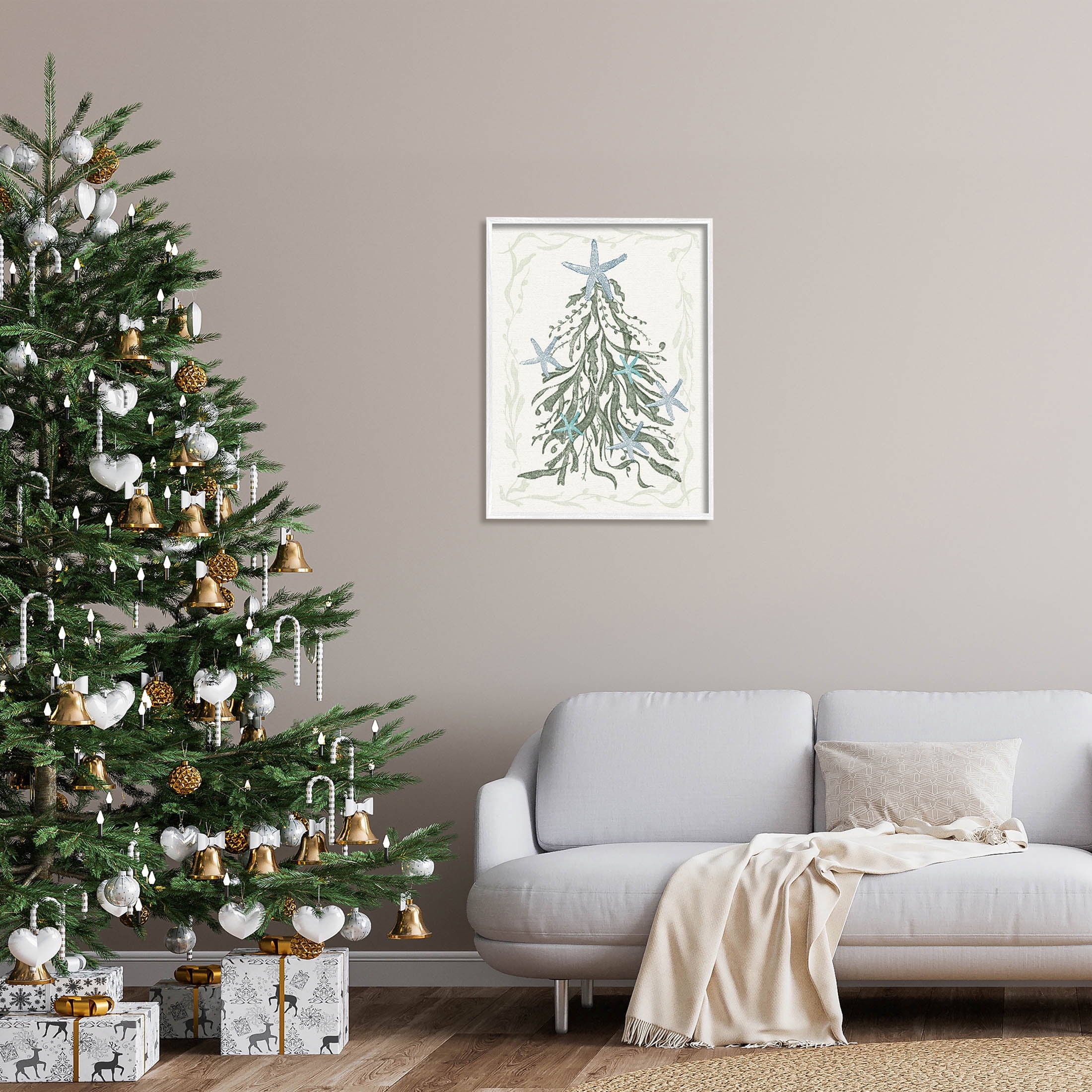 Nautical Christmas Tree Sea Life Holiday Graphic Art White Framed Art Print Wall Art