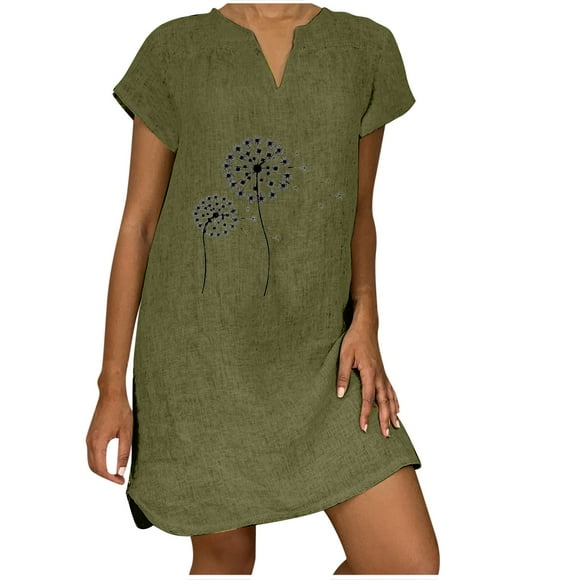 Shirt Dress for Women Vintage V Neck Print Bamboo Hemp Short Sleeve Summer Dresses Casual Loose Shift Mini Dress