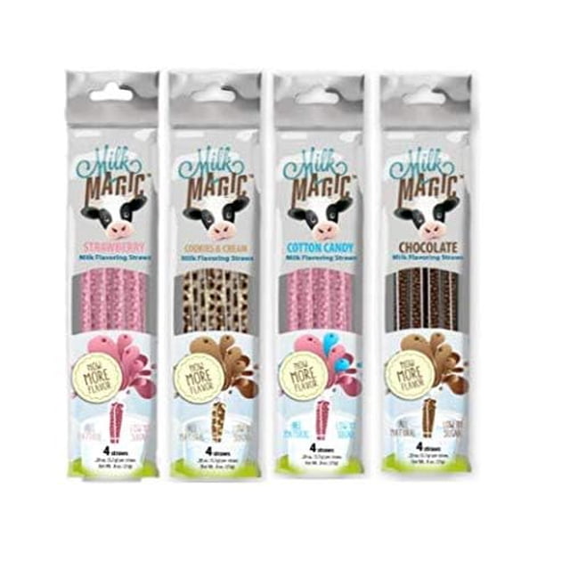 Milk Magic Milk Flavoring Straws, 4-Pack Bundle (16 count), Chocolate, Strawberry, Cotton Candy, Cookies & Cream Cereal Straws