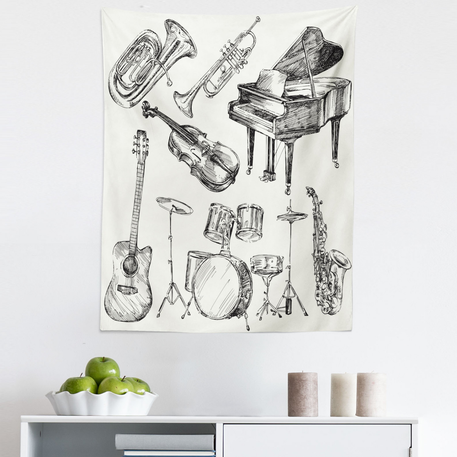 Beige Instrument Beige Black Tapestry, Illustration of Musical Instruments Sketch Style ...