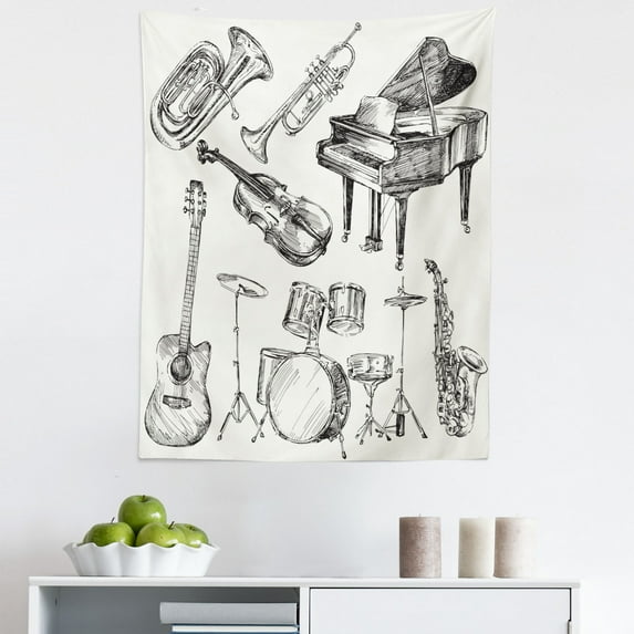 Beige Black Tapestry, Illustration of Musical Instruments Sketch Style Art Trumpet Piano Guitar, Fabric Wall Hanging Decor for Bedroom Living Room Dorm, 5 Sizes, Beige Black, by Ambesonne