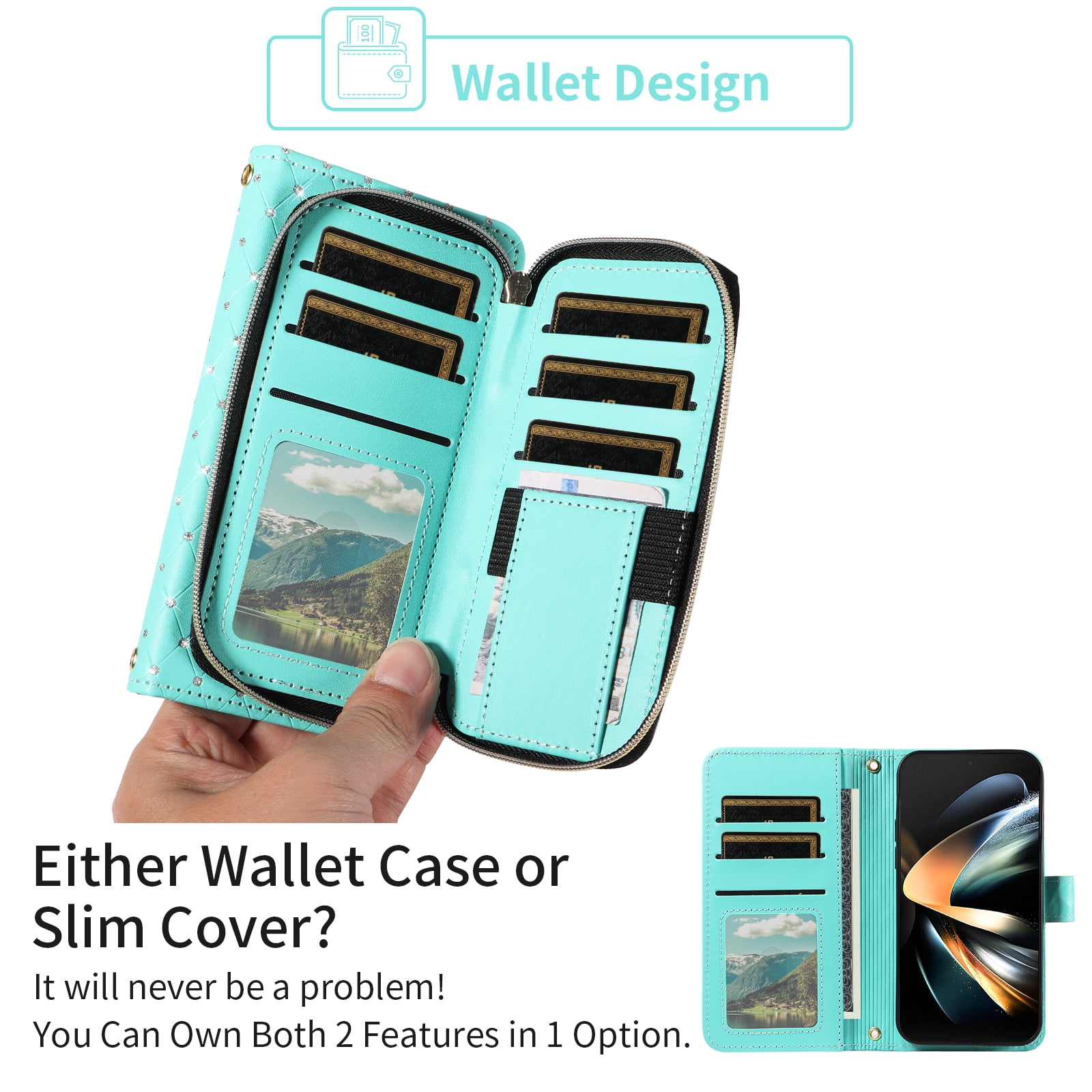 Asuwish Compatible with Samsung Galaxy Z Fold 4 5G 2022 Wallet Phone Case and Bling Glitter Crossbody Lanyard Strap Flip Zipper Purse Card Holder Cell Cover for ZFold4 Z4 Fold4 4Z Fo4 Women Men Green