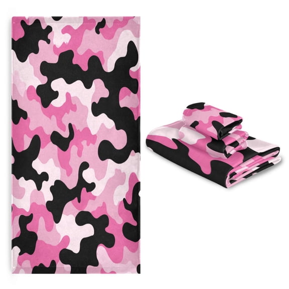 3 Sizes of Towel Sets Including Bath Towel Hand Towel and Washcloth for Daily Use Pink and Black Camouflage Pattern