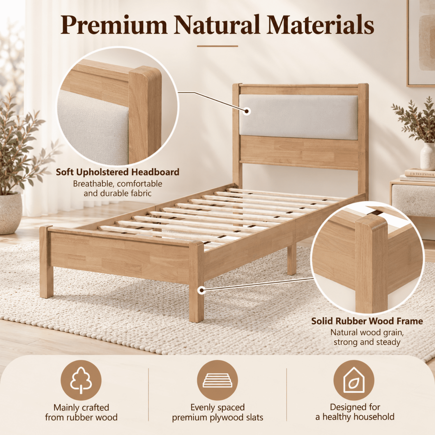 Miniyam Twin XL Rubberwood Platform Bed Frame with Padded Upholstered Headboard, Natural