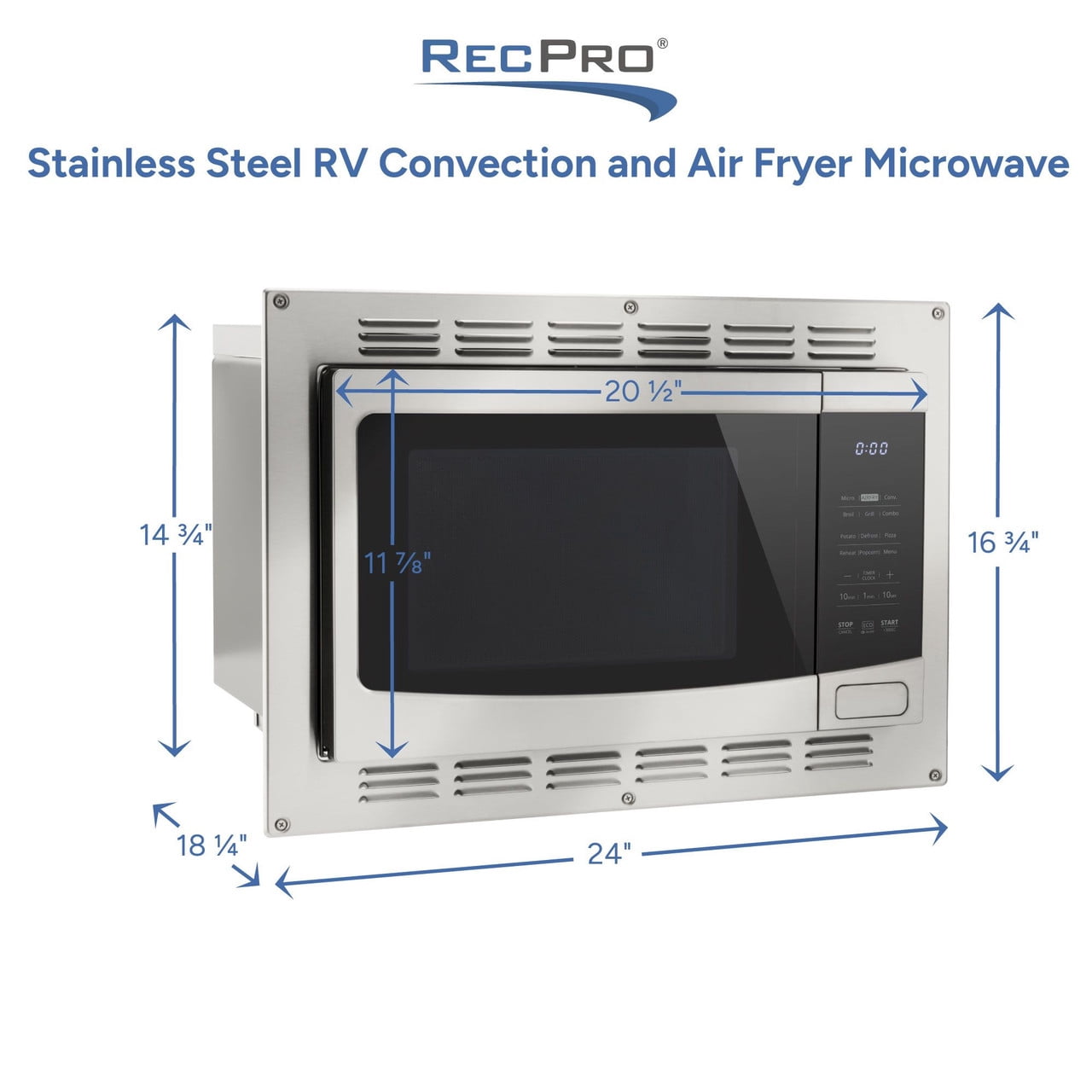 RecPro RV Kitchen Air Fryer & Convection Microwave with Trim Kit | 1.0 Cu. Ft. | 120V | 6 Cooking Modes (Stainless Steel)