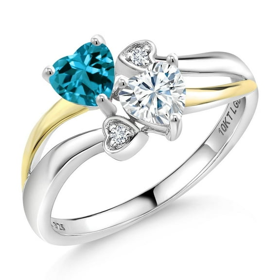 Gem Stone King 925 Silver and 10K Yellow Gold London Blue Topaz and White Moissanite and White Lab Grown Diamond Ring for Women (0.99 Cttw, November Birthstone, Heart Shape 5MM, Size 7)