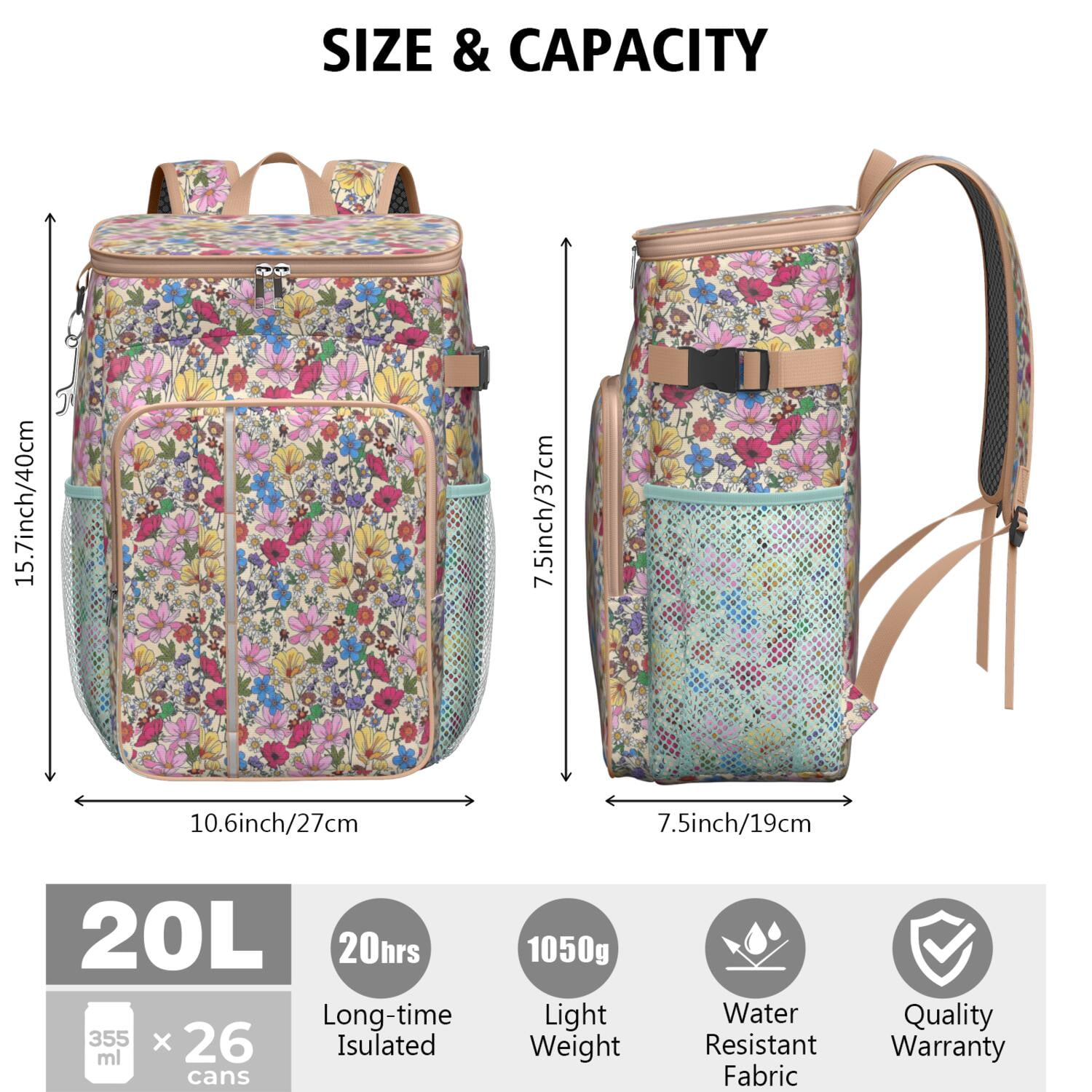 Travel Cooler Bag - Pioneer Flower Camping Beer Cooler Backpack with Bottle Opener- Waterproof Insulated Picnic Backpacks - Cooler Bag for Beach
