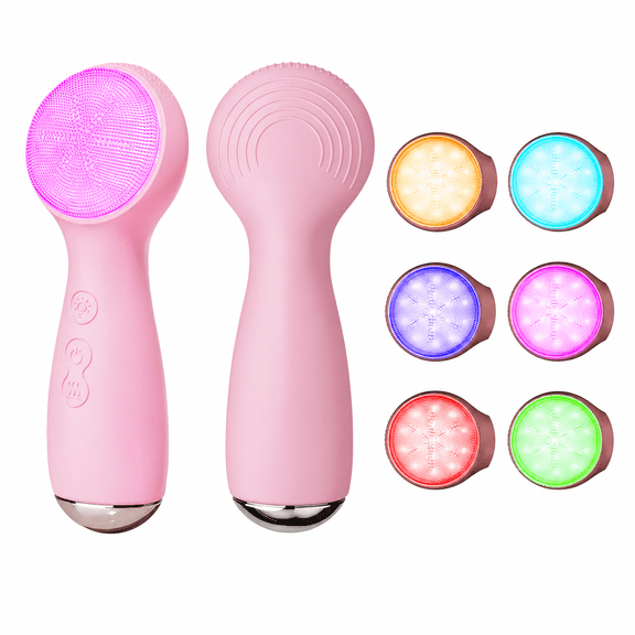 ABCISI LED Face Cleansing Brush with 7 Color Light Modes, 3 Speed Sonic Vibration and Warming Care, Rechargeable Silicone Facial Cleansing Massager for Daily Skincare and Travel, Pink