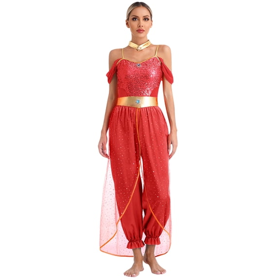 Haitryli Women Belly Dance Dress Set Sparkling Spaghetti Strap Jumpsuit with Choker Collar Outfits Red L