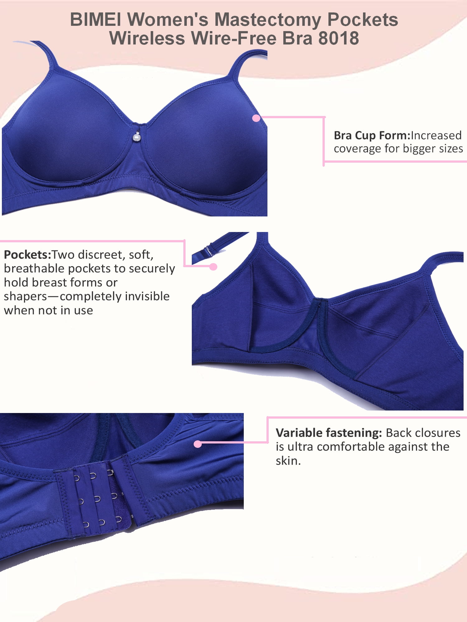 BIMEI Mastectomy Bra with Molded Foam Cups,T Shirt Bra for Women, Everyday Pocketed Seamless Wire Free Bra, Smoothing for No-Show Lines,Blue,42C