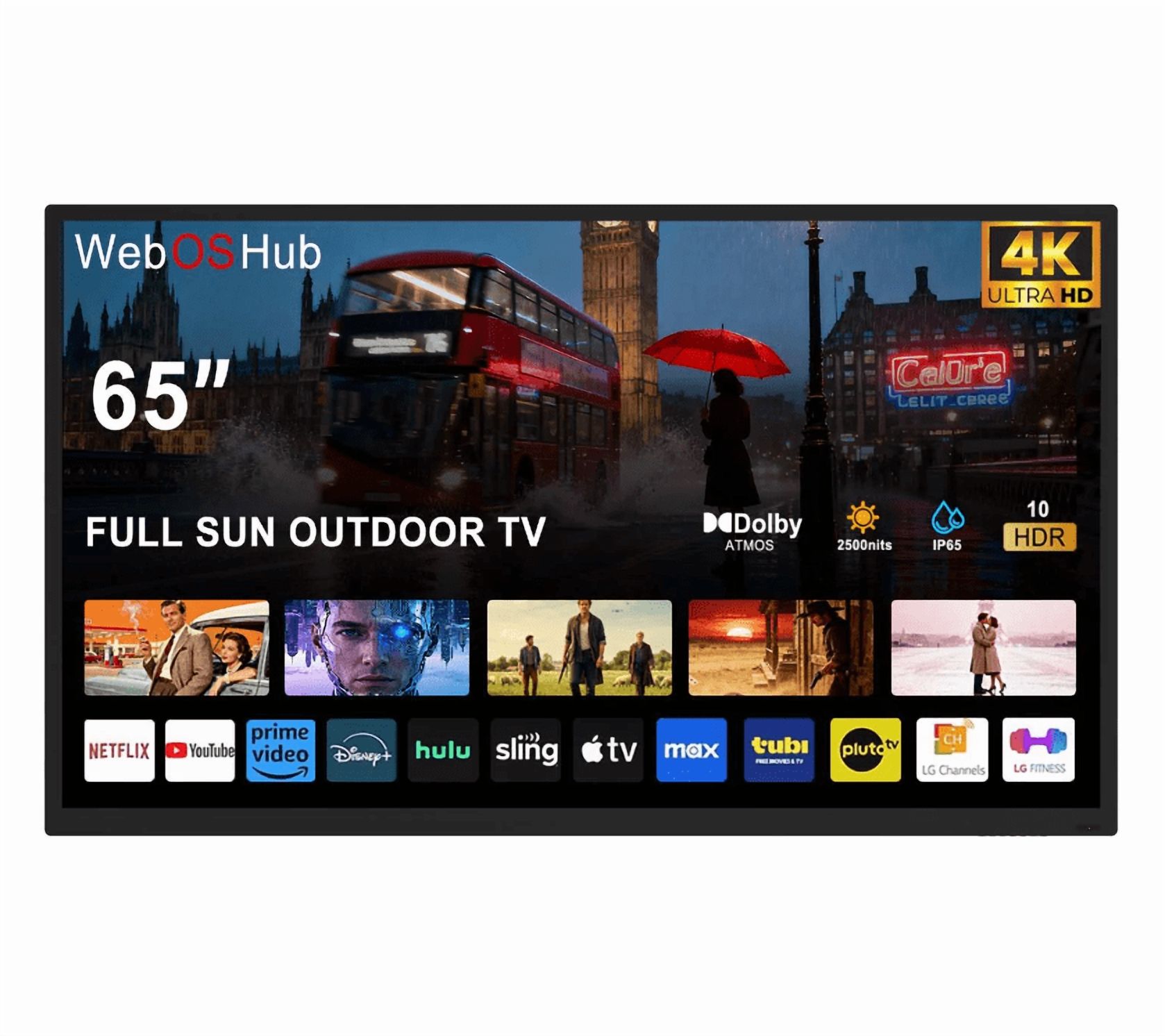 65" Outdoor TV, 4K UHD Smart TV, IP65 Waterproof, 2500nits High Brightness Suitable For Full Sun, Built-in Voice Assistant & Dolby Atmos