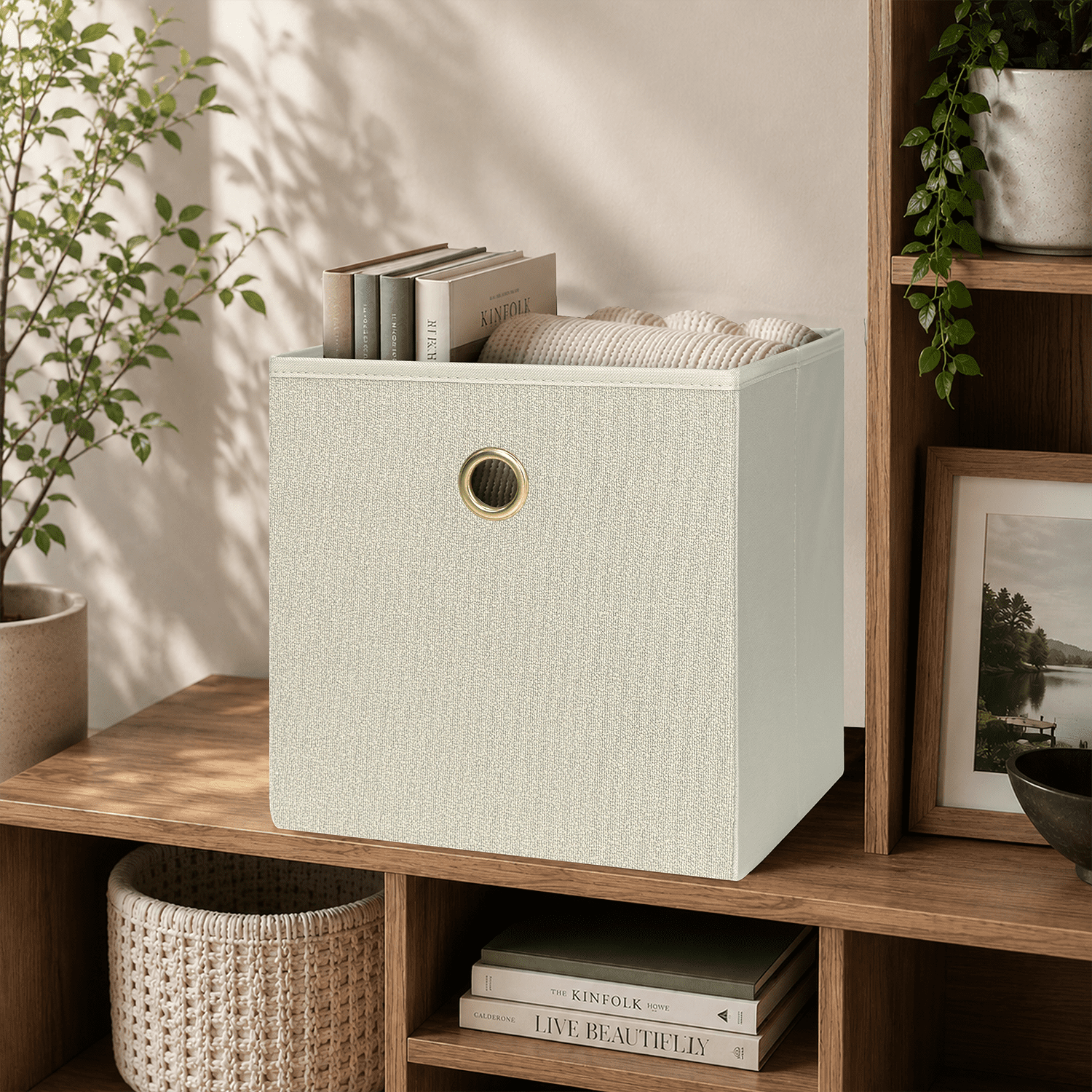 Mainstays Collapsible Fabric Cube Storage Bins, Beige Boucle, 4 Pack, 10.5 in x 10.5 in