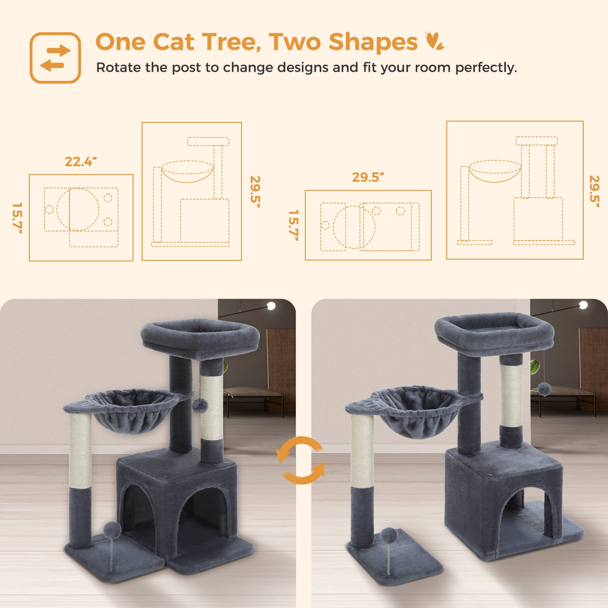 PAWZ Road Cat Tree 29.5" Sisal Cat Scratching Posts Tower Hammock Top Perch for Indoor Cats,Dark Gray