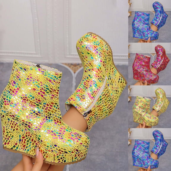WSBDENLK Women's Colorful Ankle Boots with Side Zipper Plus-Size Comfortable Wedge Heel Ankle Boots