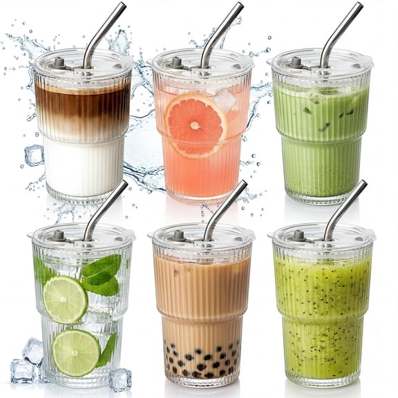 6-Pack 13 oz Ribbed Glass Cups with Lids and Stainless Steel Straws, Iced Coffee Glass Tumblers Set with Cleaning Brushes, Reusable Drinking Glasses for Juice, Smoothie, Water