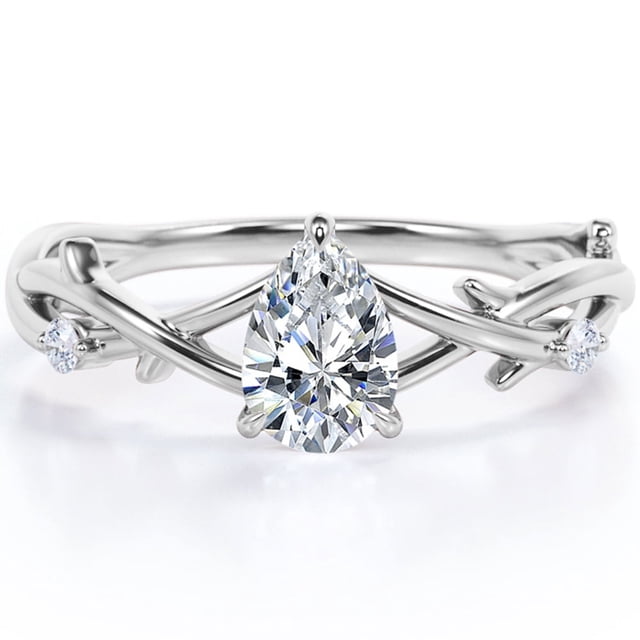 JeenMata Anillo de Compromiso con Diseño de Rama de Árbol Cruzado de Moissanita de Corte Pera de 1 Quilate Enchapado en Oro Blanco de 18 K sobre Plata