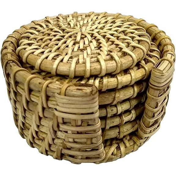 Rastogi Handicrafts Handmade 6 Piece Rattan Coasters - Base Plates & Natural Eco-Friendly Cup Hot Pads Pot Dishes Insulated Holder 4.5" (LHD-1218)