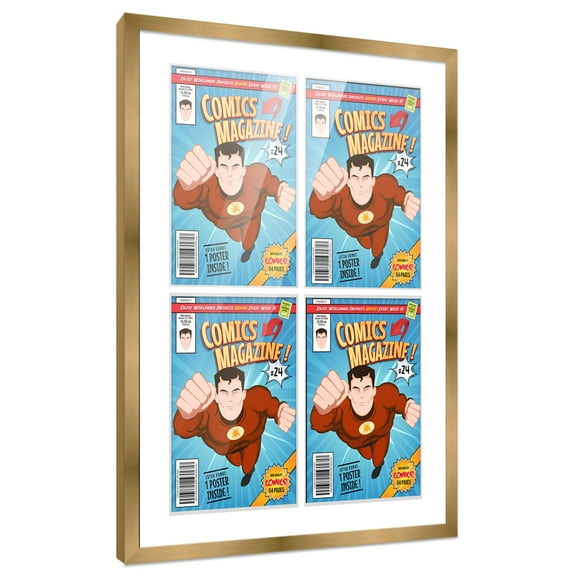 Comic Book Frame with Mat for 4 Silver Age Comics Published Between 1956 and 1970 - Bronze Wood