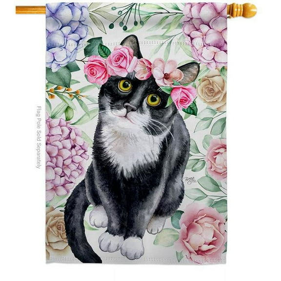 Breeze Decor H110278-BO Floral Tuxedo Cat Animals 28 x 40 in. Double-Sided Decorative Vertical House Flags for Decoration Banner Garden Yard Gift