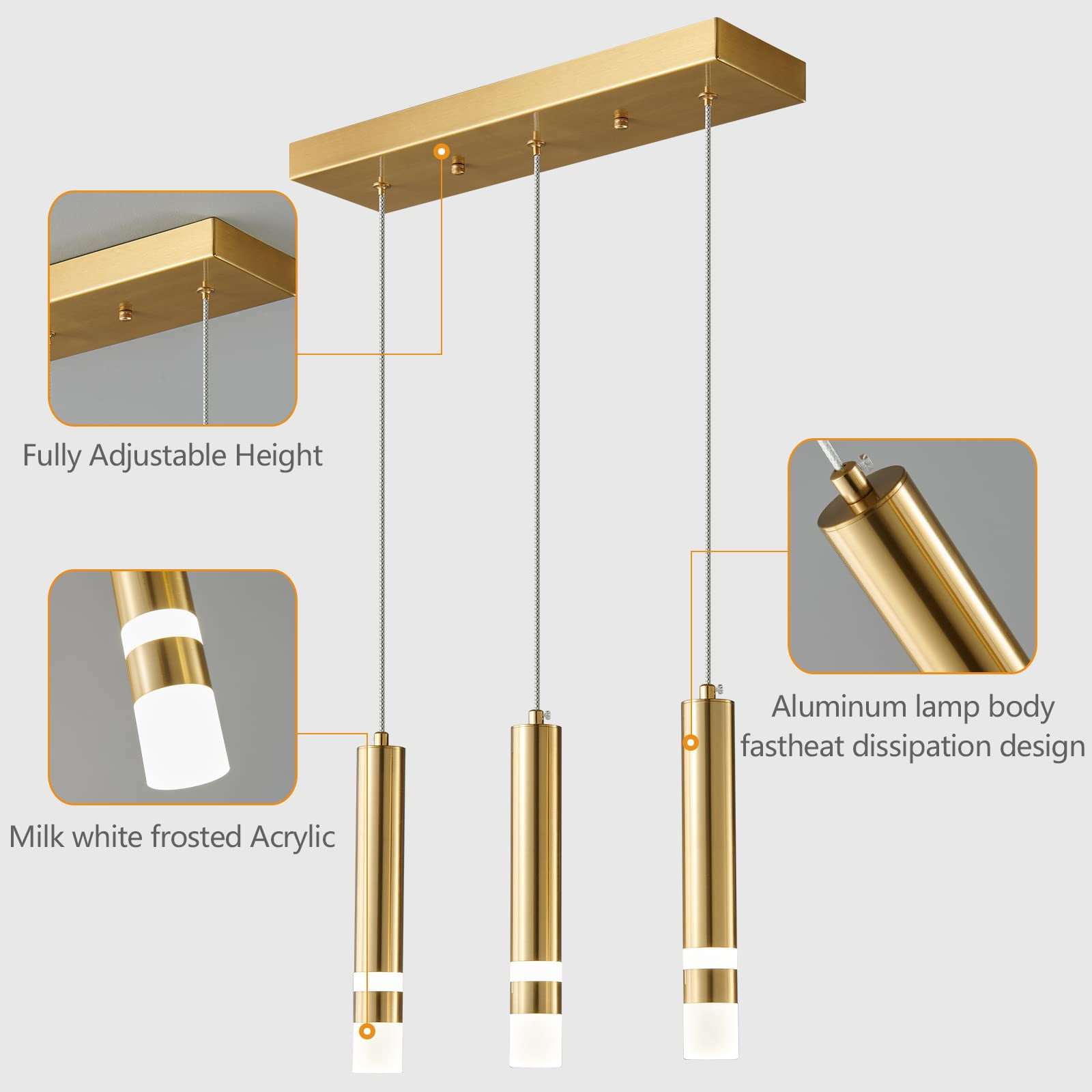 ZHLWIN 3-Light Dining Room Modern Pendant Light Kitchen Fixture Dimmable LED Gold Mini Pendant Lighting fo Kitchen Island Study Pendant Lights