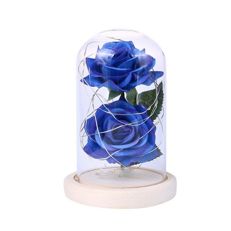 

Frcolor 20 LEDs Copper Wire Lamp Glass Dome 2 Artificial Rose Wooden Base LED Night Light Flower Light Lamp Desktop Decorative Ornament Valentine s Day Gift - Without Batteries (Blue)