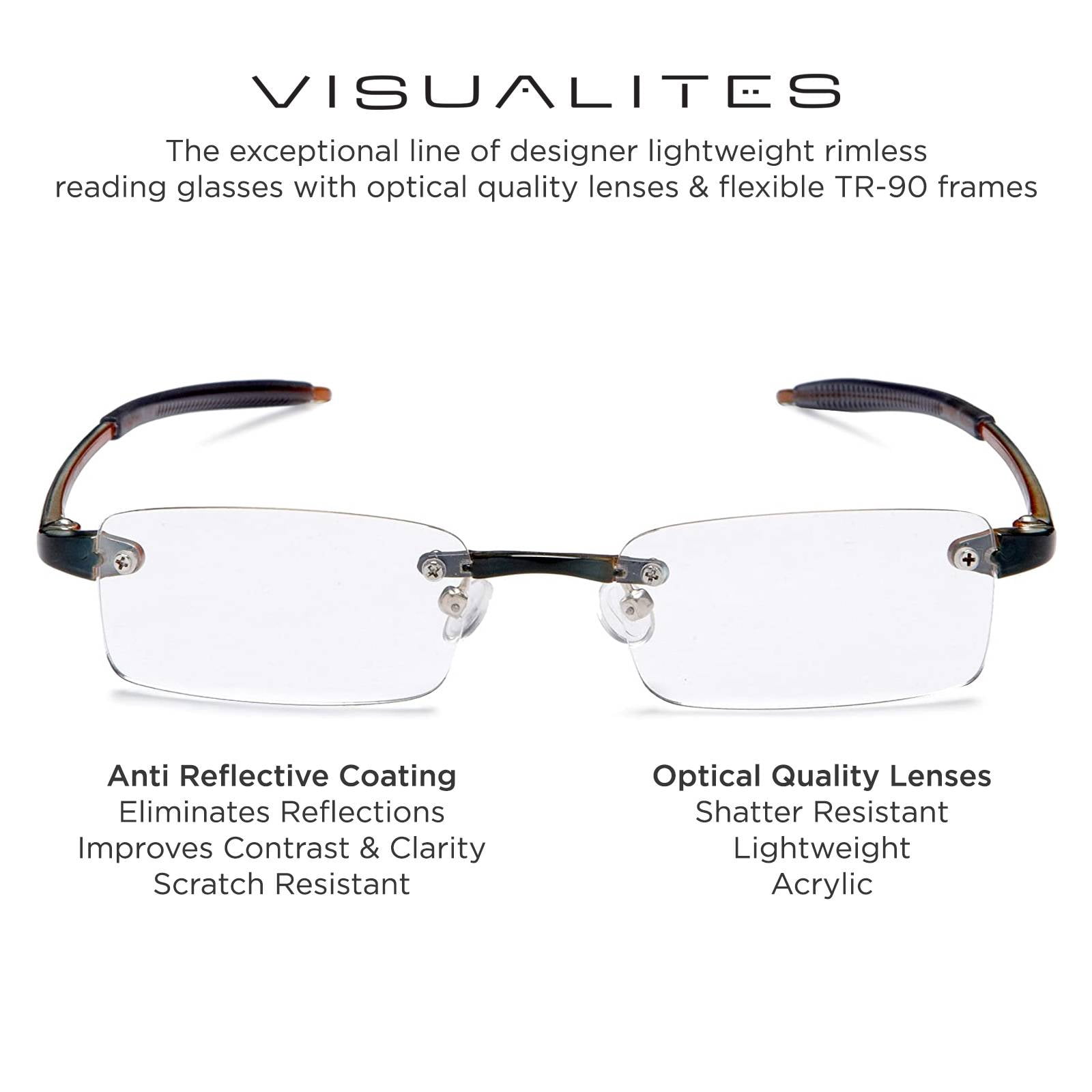 Visualites 1 Forest Brown 2.00 Power Lightweight Rimless Rectangle Reading Glasses For Men and Woman