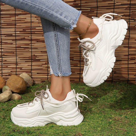 NOKIO Women's Fashion Sport Breathable Mesh Platform Sneakers Casual Running Walking Shoes Breathable Mesh Leather Patch Lace Up Thick Sole Sports Shoes