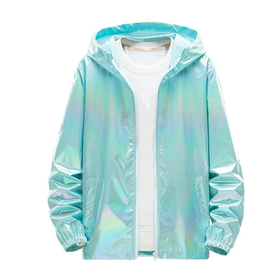 Men's Metallic Jacket Holographic Lightweight Shiny Hooded Zip Up Jackets Thin Hoodie Coat Party Club Shiny Coat