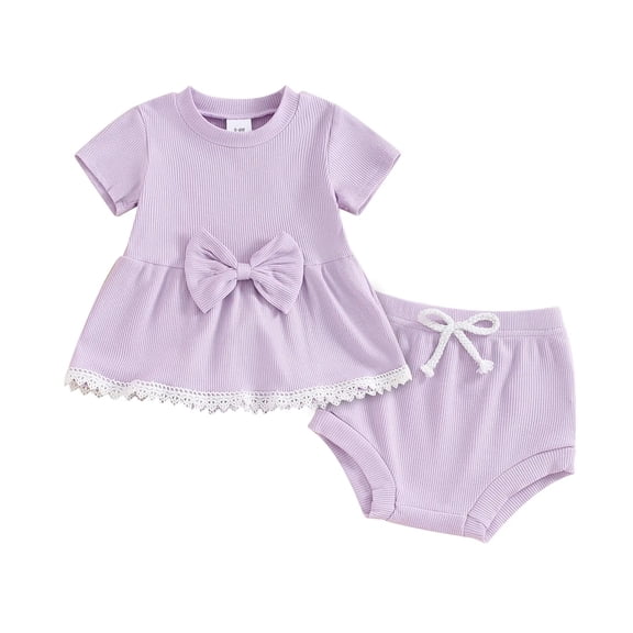 TOWED22 Infant Baby Girl Summer Clothes 2Pcs Outfit Bow Detail Tee and Soft Shorts Casual Wear 6-12M(Purple,0-6 M)